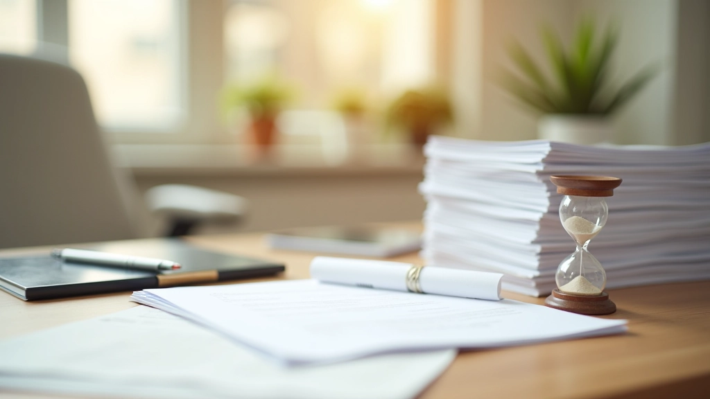 Horloge et documents de location empilés sur un bureau, montrant le passage du temps et les délais administratifs